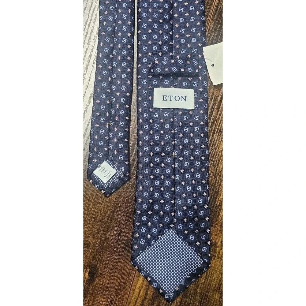 ETON MEN'S 100% Silk Neck Tie Navy Blue Geometric Pink Luxury NWT